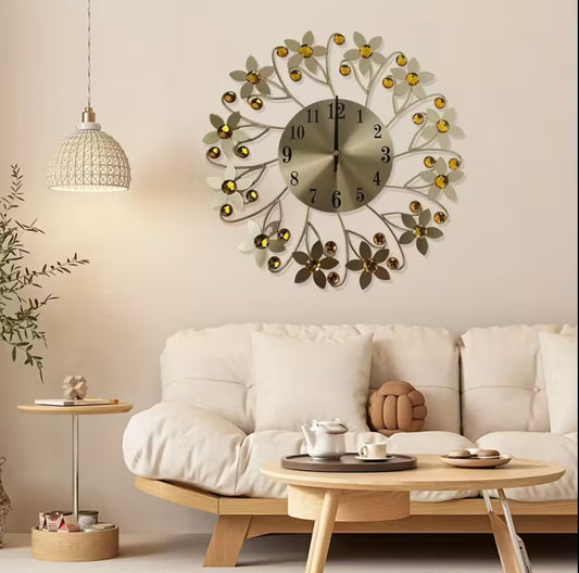 14-Inch Modern Silent Wall Clock – Metallic Round Flower Design with Crystals | Quiet Non-Ticking Luxury Wall Clock for Living Room, Bedroom & Home Decor