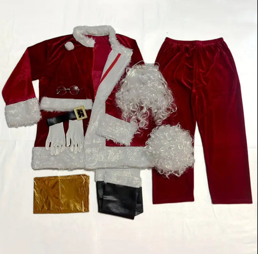 10pcs Adult One Size Burgundy Velour Santa Claus Costume with White Faux Fur Trim & full suit - Suitable for Christmas, New Year's Eve Parties, Cosplay - One-Fits-All Zipper Santa Suit (10pcs Outfit)