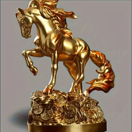 Resin Horse Statue Sculpture – Qianlima Prosperity Steed Figurine with Golden Coins Base | Feng Shui Home & Office Decor Ornament