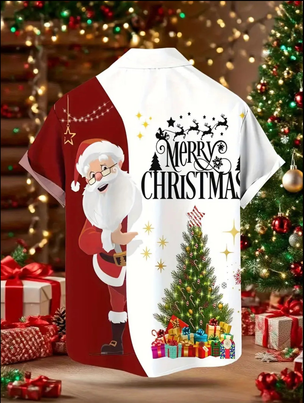 Men's Christmas Print Dress Shirt - Festive & Half-Button Collar with Collar, Long Sleeve Casual Party Shirt for Holiday Events, New Year's Eve & Xmas - Wrinkle-Resistant & Easy-Care (Hand Wash/Dry Clean) - Ideal Christmas Gift for Men - Vibrant