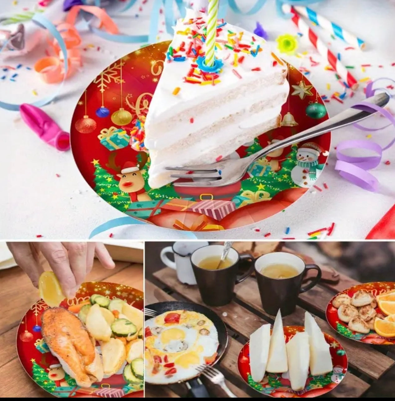 80pcs Christmas Party Cutlery Set with Santa Claus & Reindeer Snowflake Design - 7” & 9” Red & Golden Paper Plates, 9oz Cups & Napkins - Disposable Holiday Dinnerware for Thanksgiving, Xmas, New Year’s Eve - All-Season Party Supplies (Easy Cleanup)