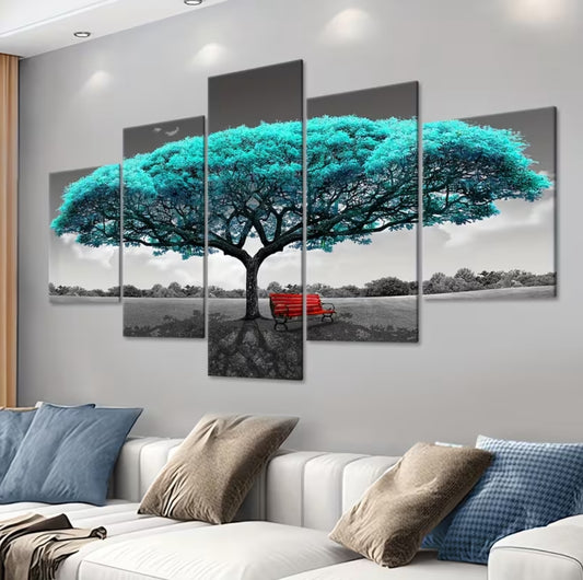 5-Piece Green Happiness Tree Canvas Wall Art – Modular Five-Panel Modern Painting for Living Room, Bedroom, Kitchen & Dorm | Waterproof, Odorless, Ideal Gift for Family & Friends