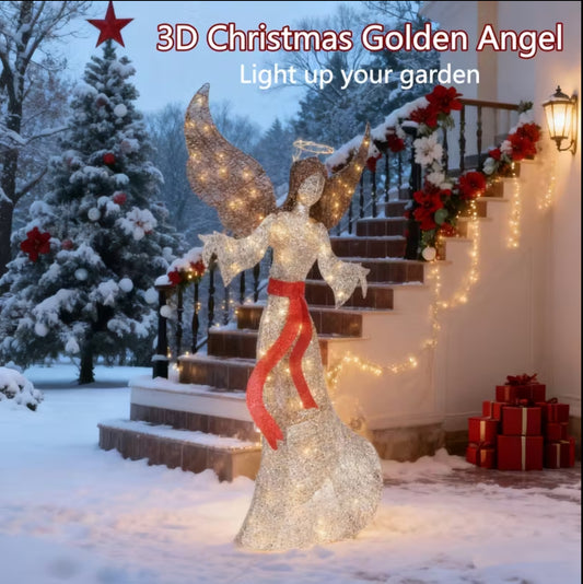 3D Golden Christmas Angel with LED Lights – Elegant Outdoor Lighted Angel Decoration with Sparkling Design & Red Belt, Weatherproof Holiday Yard Decor for Lawn, Garden & Courtyard