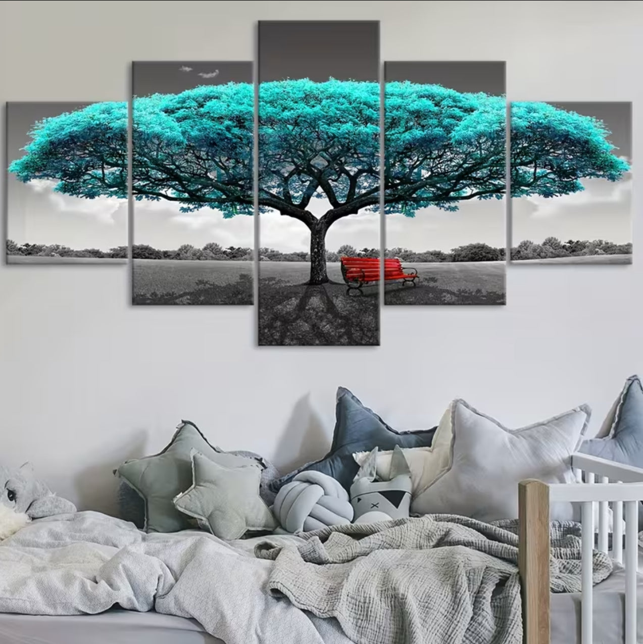 5-Piece Green Happiness Tree Canvas Wall Art – Modular Five-Panel Modern Painting for Living Room, Bedroom, Kitchen & Dorm | Waterproof, Odorless, Ideal Gift for Family & Friends
