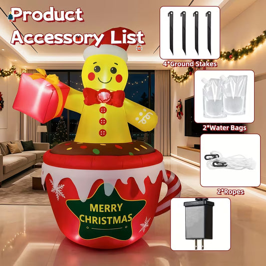 7.2 FT Christmas Inflatable Gingerbread Man in Hot Cocoa Mug – Outdoor Lighted Holiday Lawn Decoration