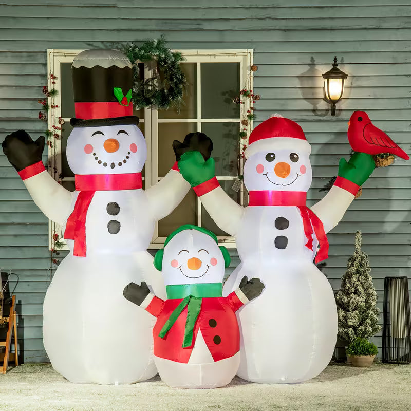 HOMCOM Inflatable Christmas Snowman Family with LED Lights, Santa Hat & Cardinal Bird – Outdoor Holiday Yard Decoration