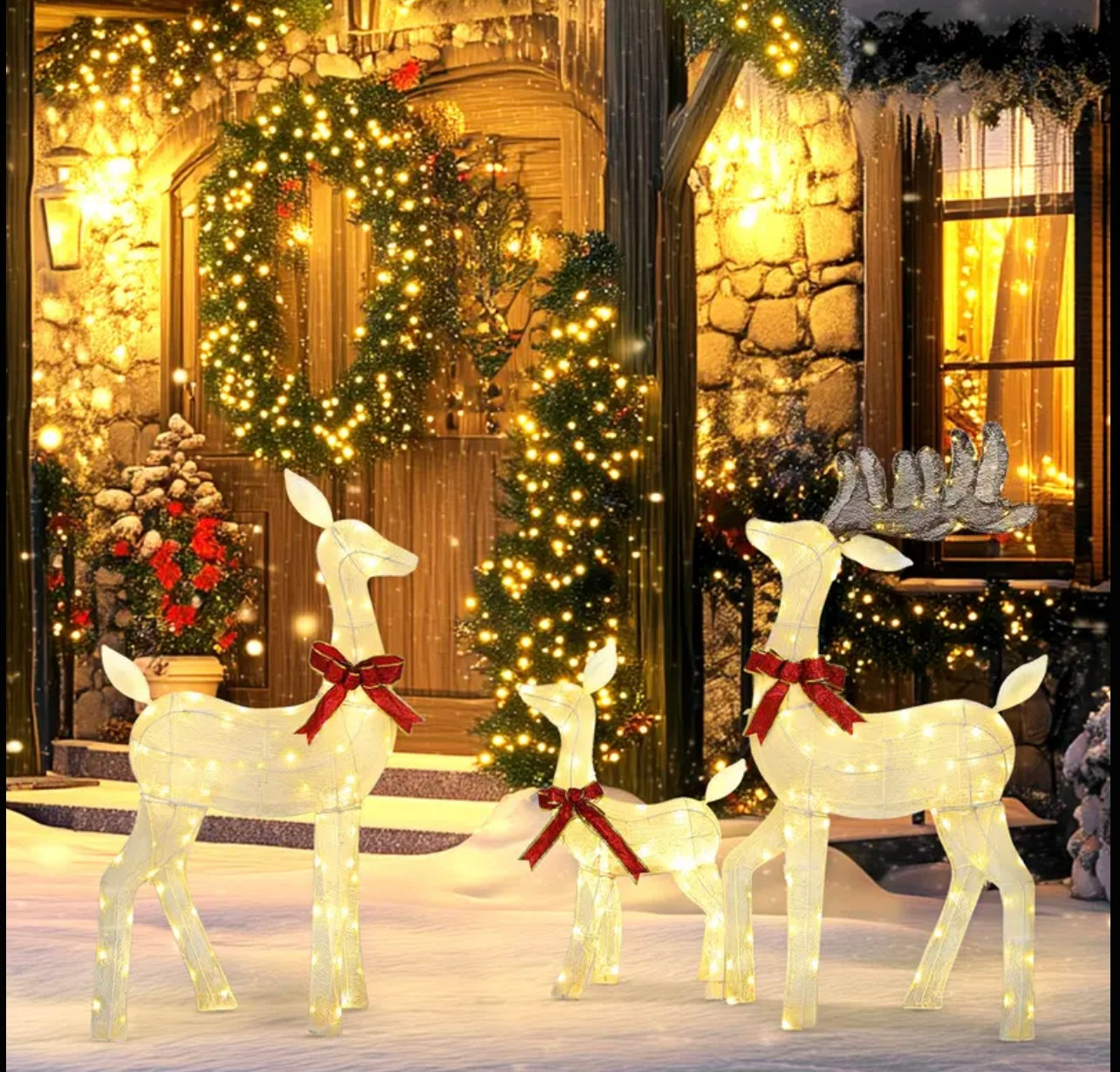 3D Pre Lit Christmas Reindeer 3pcs , IP44 Reindeer 3pcs Decoration, Outdoor Christmas Decorations, with Warm 210 LED Lights, Floor Studs, Outdoor Decor Lights, Christmas Decor, Holiday Decorations, For Outdoor Courtyards, Gardens, Lawns