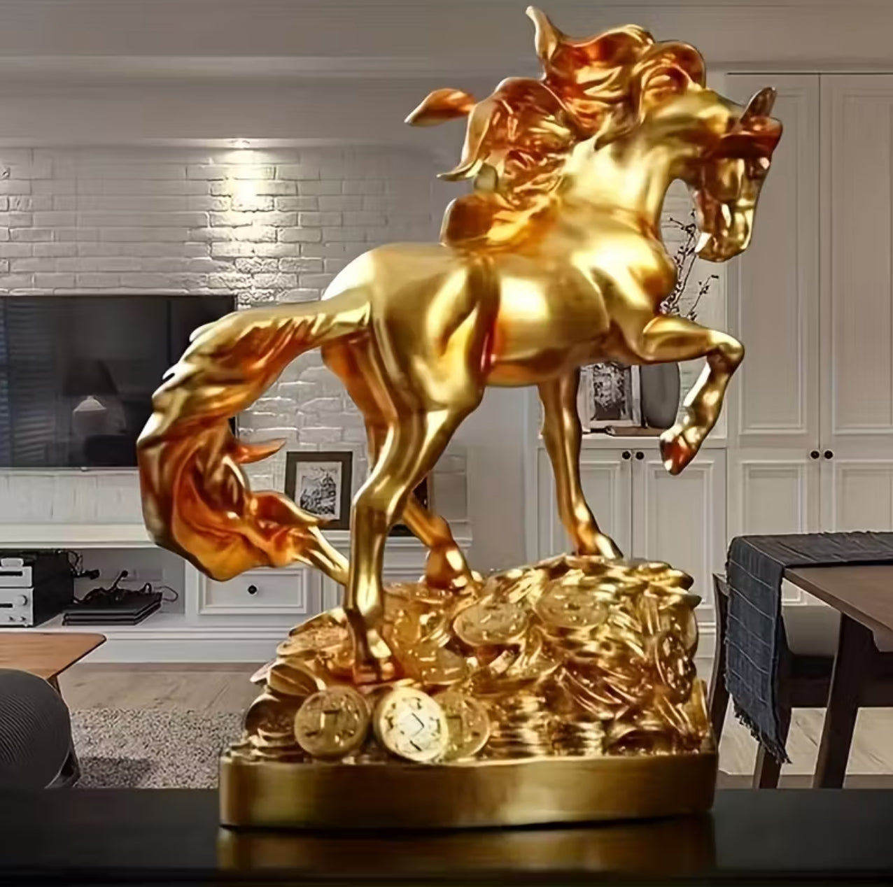 Resin Horse Statue Sculpture – Qianlima Prosperity Steed Figurine with Golden Coins Base | Feng Shui Home & Office Decor Ornament