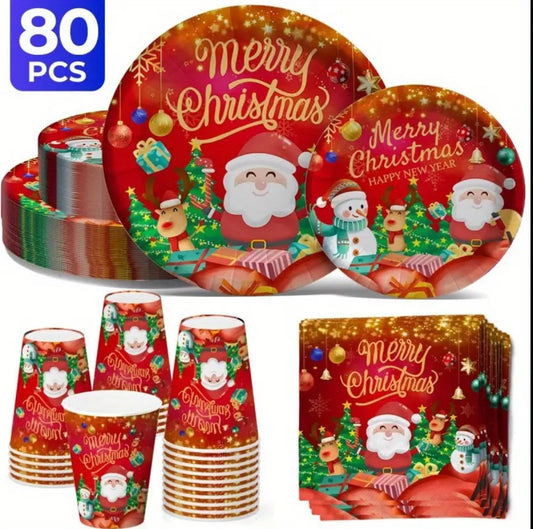 80pcs Christmas Party Cutlery Set with Santa Claus & Reindeer Snowflake Design - 7” & 9” Red & Golden Paper Plates, 9oz Cups & Napkins - Disposable Holiday Dinnerware for Thanksgiving, Xmas, New Year’s Eve - All-Season Party Supplies (Easy Cleanup)