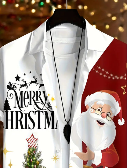 Men's Christmas Print Dress Shirt - Festive & Half-Button Collar with Collar, Long Sleeve Casual Party Shirt for Holiday Events, New Year's Eve & Xmas - Wrinkle-Resistant & Easy-Care (Hand Wash/Dry Clean) - Ideal Christmas Gift for Men - Vibrant