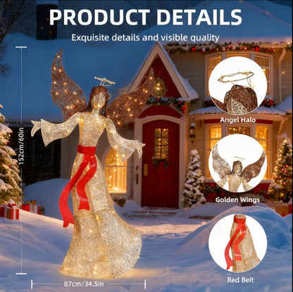 3D Golden Christmas Angel with LED Lights – Elegant Outdoor Lighted Angel Decoration with Sparkling Design & Red Belt, Weatherproof Holiday Yard Decor for Lawn, Garden & Courtyard