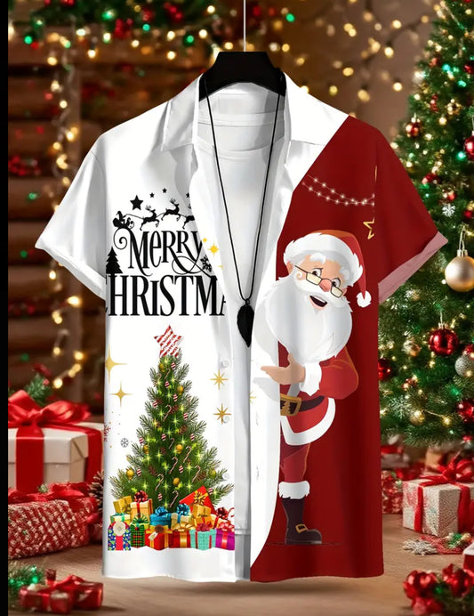Men's Christmas Print Dress Shirt - Festive & Half-Button Collar with Collar, Long Sleeve Casual Party Shirt for Holiday Events, New Year's Eve & Xmas - Wrinkle-Resistant & Easy-Care (Hand Wash/Dry Clean) - Ideal Christmas Gift for Men - Vibrant