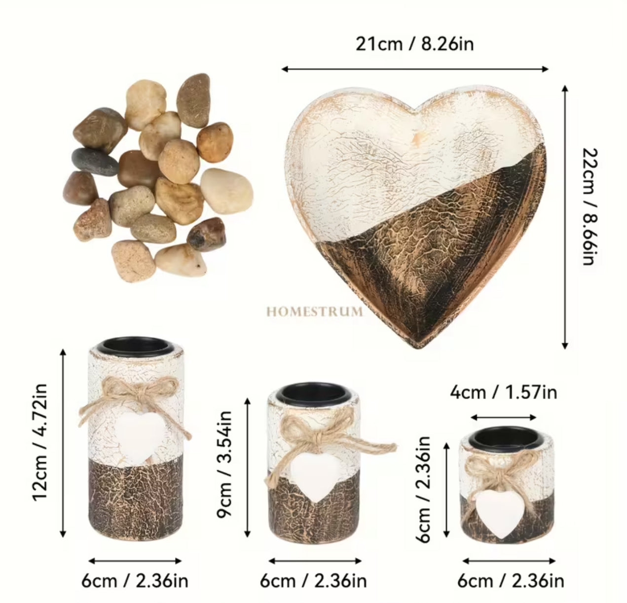 4pcs Wooden Heart Candlestick Set – Rustic Heart Candle Holders with Tea Light Stand, Rope Bow & Decorative Stones | Romantic Home Decor for Christmas & Valentine’s Day