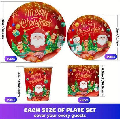 80pcs Christmas Party Cutlery Set with Santa Claus & Reindeer Snowflake Design - 7” & 9” Red & Golden Paper Plates, 9oz Cups & Napkins - Disposable Holiday Dinnerware for Thanksgiving, Xmas, New Year’s Eve - All-Season Party Supplies (Easy Cleanup)