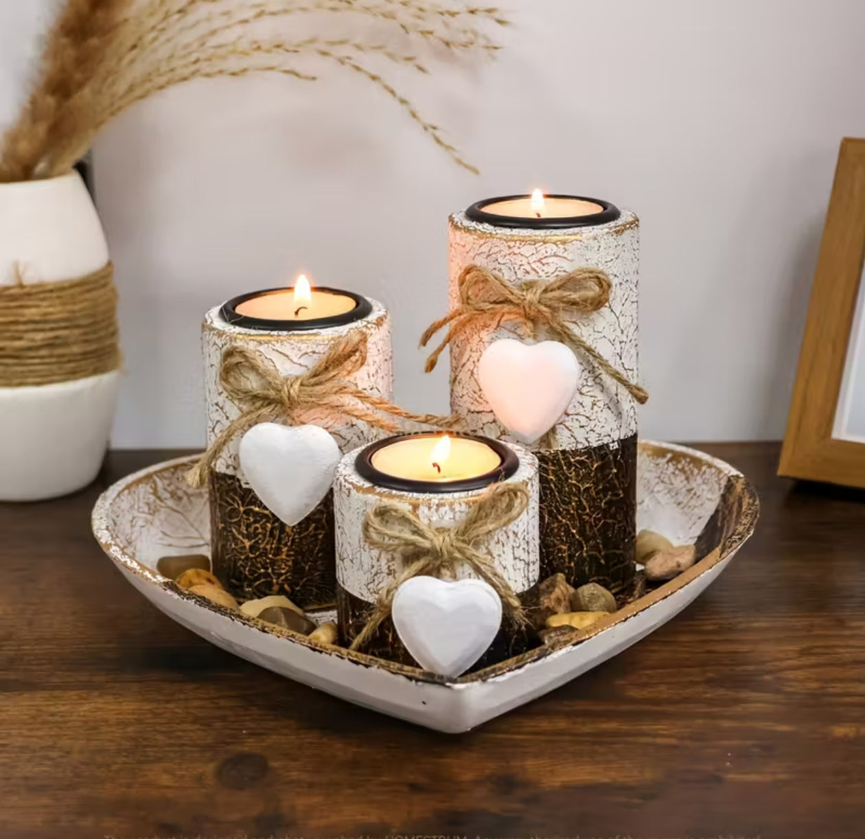 4pcs Wooden Heart Candlestick Set – Rustic Heart Candle Holders with Tea Light Stand, Rope Bow & Decorative Stones | Romantic Home Decor for Christmas & Valentine’s Day