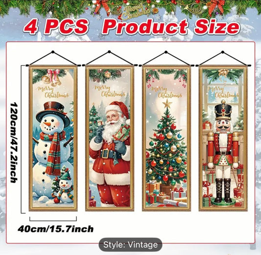 4pcs Vintage Christmas Banner Set – Festive Santa, Snowman & Reindeer | Merry Christmas Porch & Wall Decorations