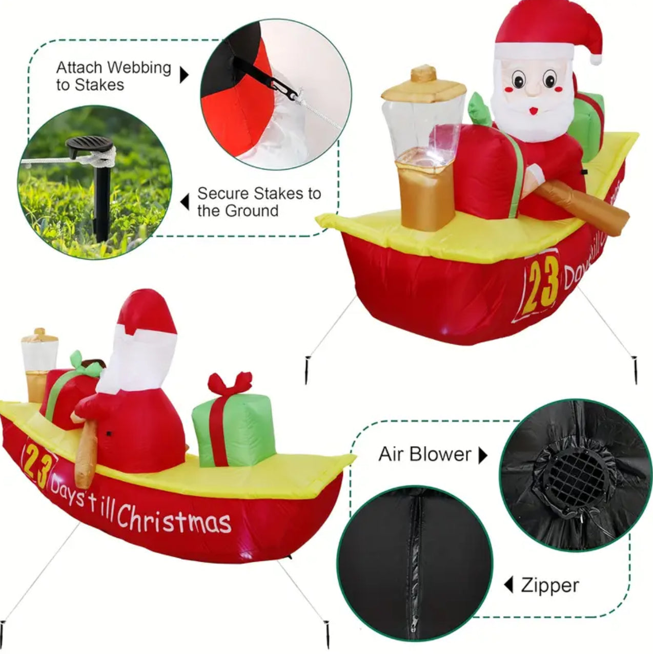 1pc 6.9ft Christmas Inflatable Santa Claus Rowing Boat with LED-Light, Countdown to Christmas Outdoor inflatable Decoration for Yard, Lawn, Porch, Best for Christmas, Perfect for Thanksgiving