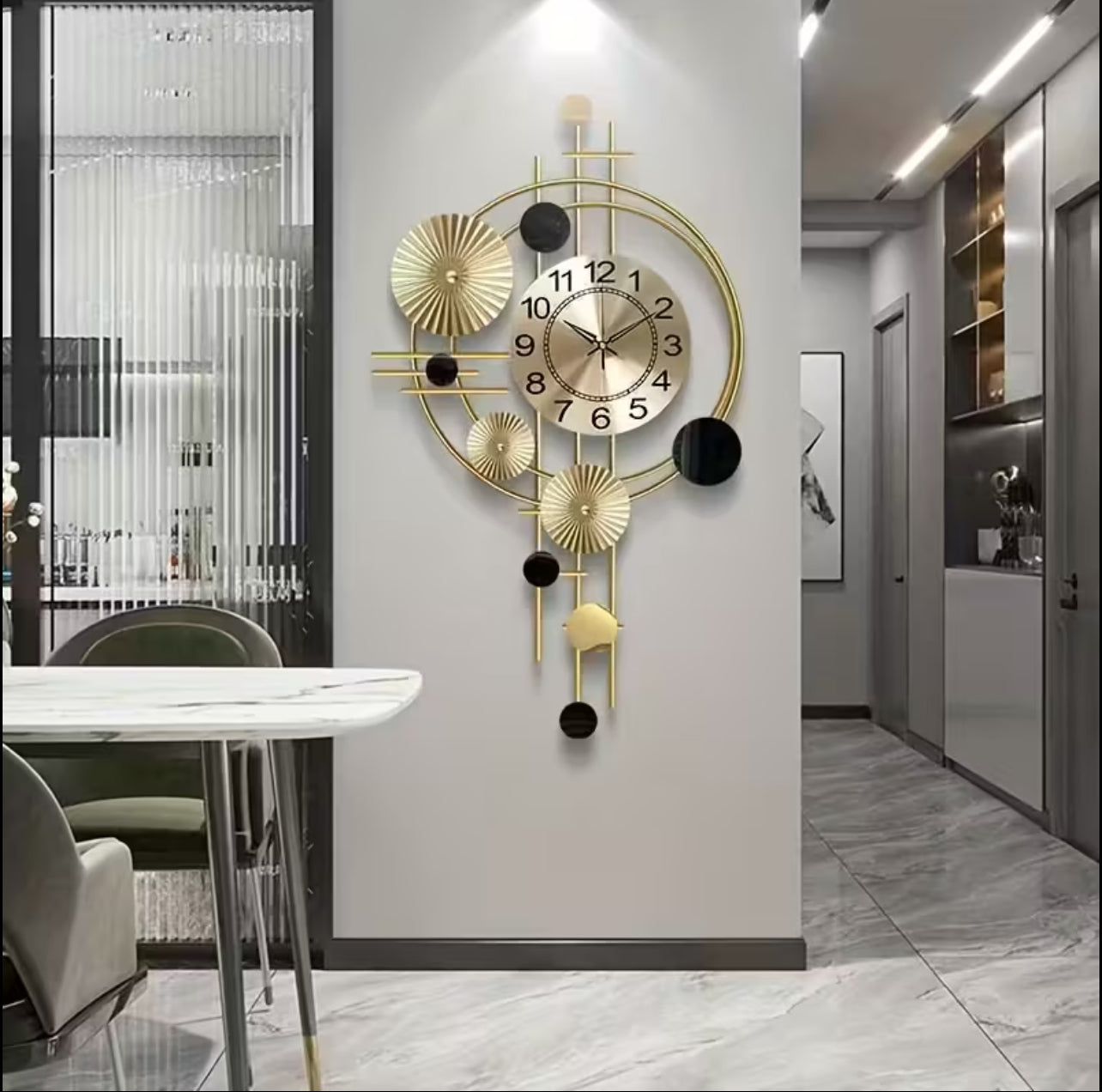 Modern 3D Metal Wall Clock – Large Decorative Artistic Clock for Living Room & Bedroom | Silent Non-Ticking, Golden Accents, Geometric Design, 30.7 x 17.7 Inches, Battery Operated