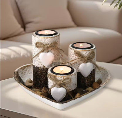 4pcs Wooden Heart Candlestick Set – Rustic Heart Candle Holders with Tea Light Stand, Rope Bow & Decorative Stones | Romantic Home Decor for Christmas & Valentine’s Day