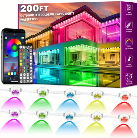 200FT Permanent Outdoor RGB Eaves Lights – App & Remote Control, Waterproof Under-Eave LED Lighting for House Décor, Garden, Parties & Holidays, Multi-Scene Color Modes