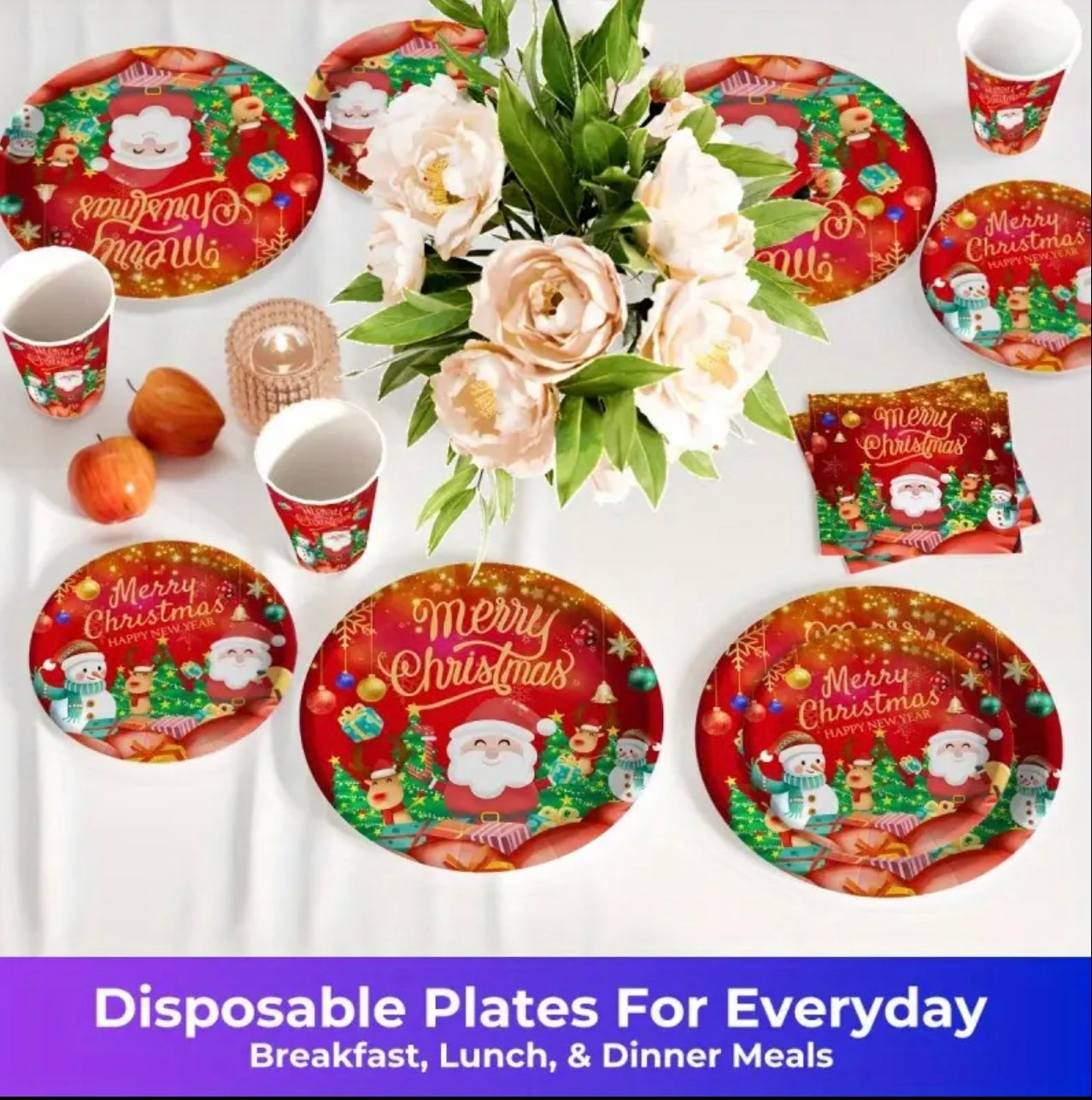 80pcs Christmas Party Cutlery Set with Santa Claus & Reindeer Snowflake Design - 7” & 9” Red & Golden Paper Plates, 9oz Cups & Napkins - Disposable Holiday Dinnerware for Thanksgiving, Xmas, New Year’s Eve - All-Season Party Supplies (Easy Cleanup)
