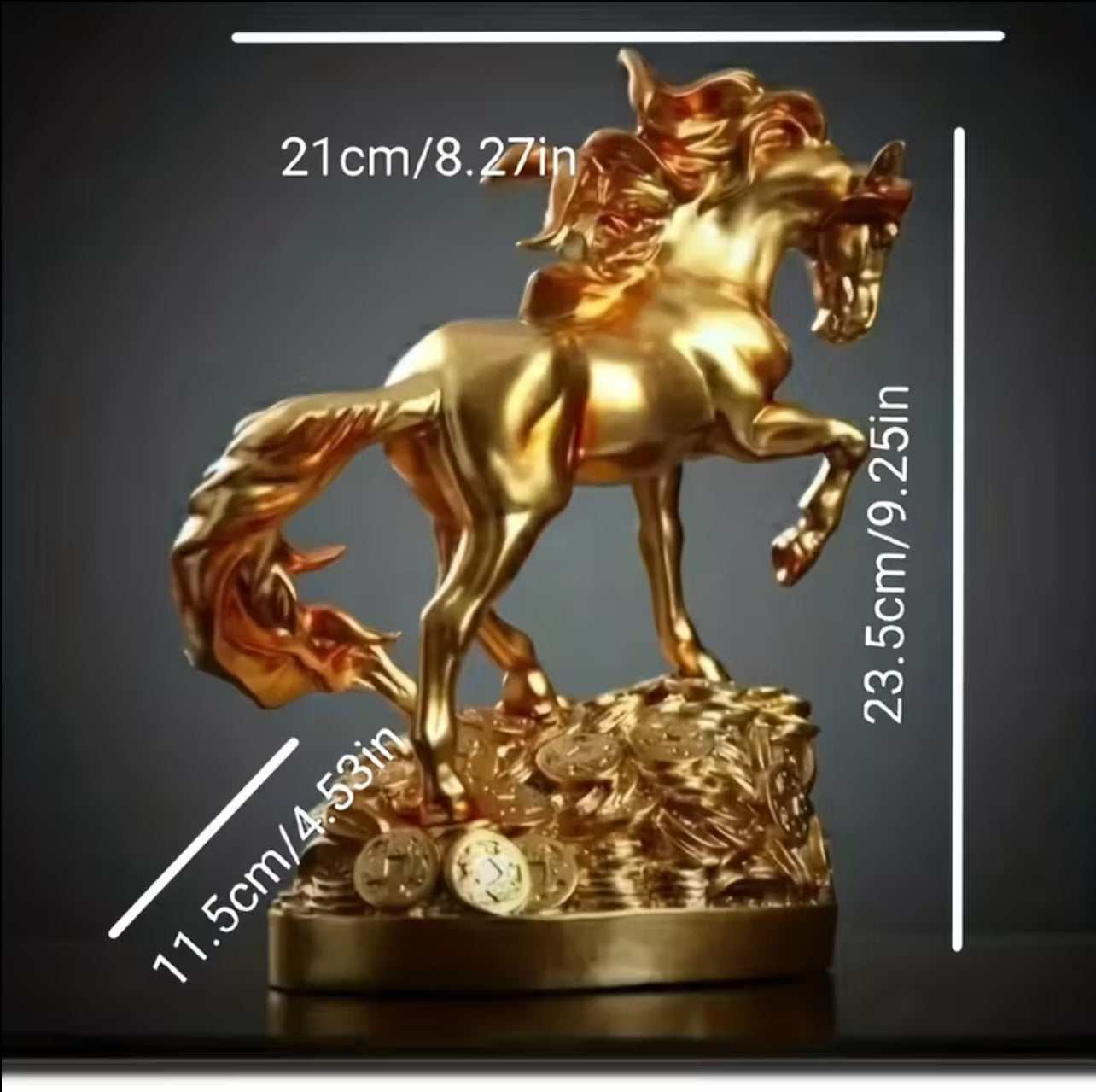 Resin Horse Statue Sculpture – Qianlima Prosperity Steed Figurine with Golden Coins Base | Feng Shui Home & Office Decor Ornament