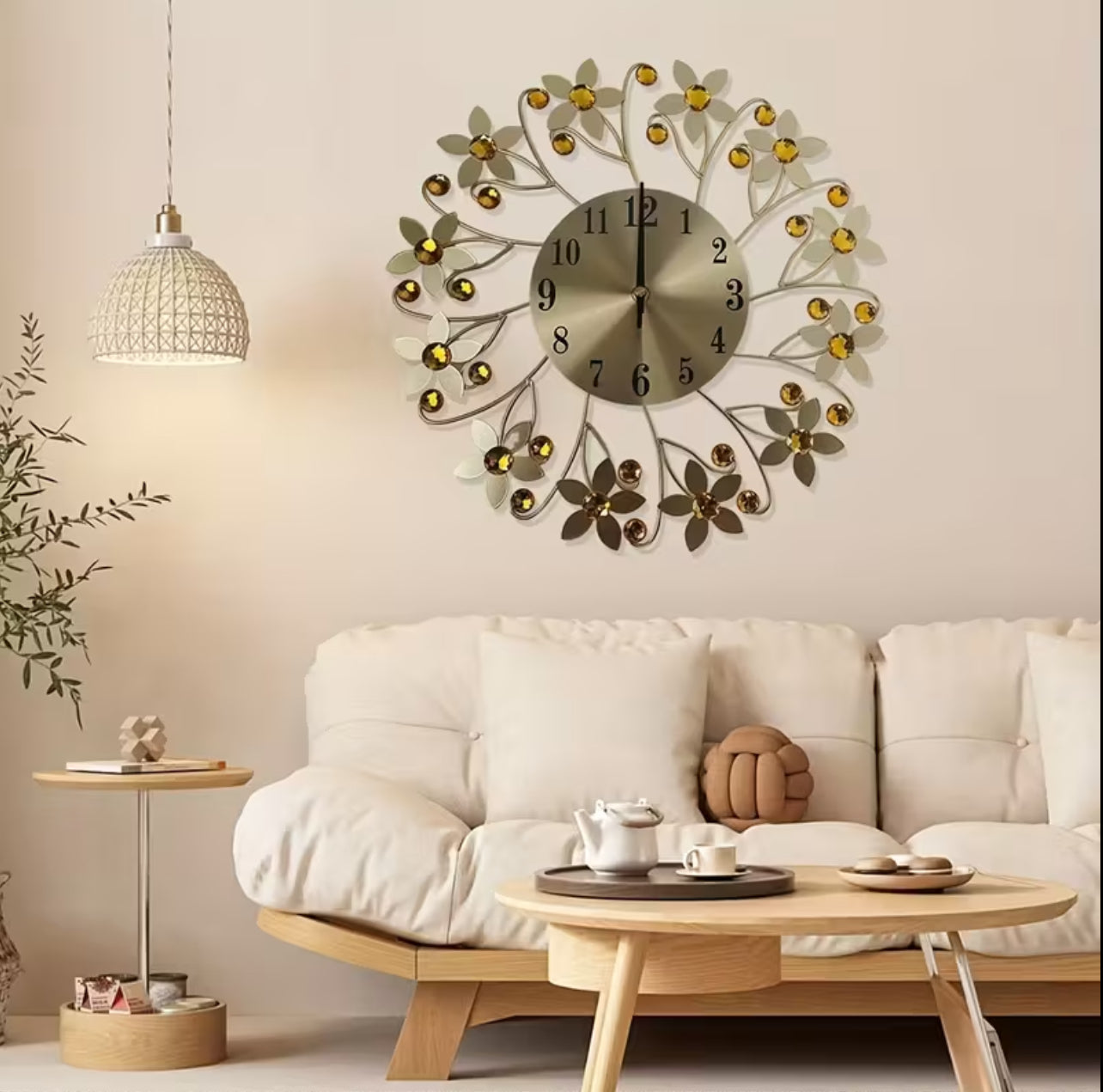 14-Inch Modern Silent Wall Clock – Metallic Round Flower Design with Crystals | Quiet Non-Ticking Luxury Wall Clock for Living Room, Bedroom & Home Decor