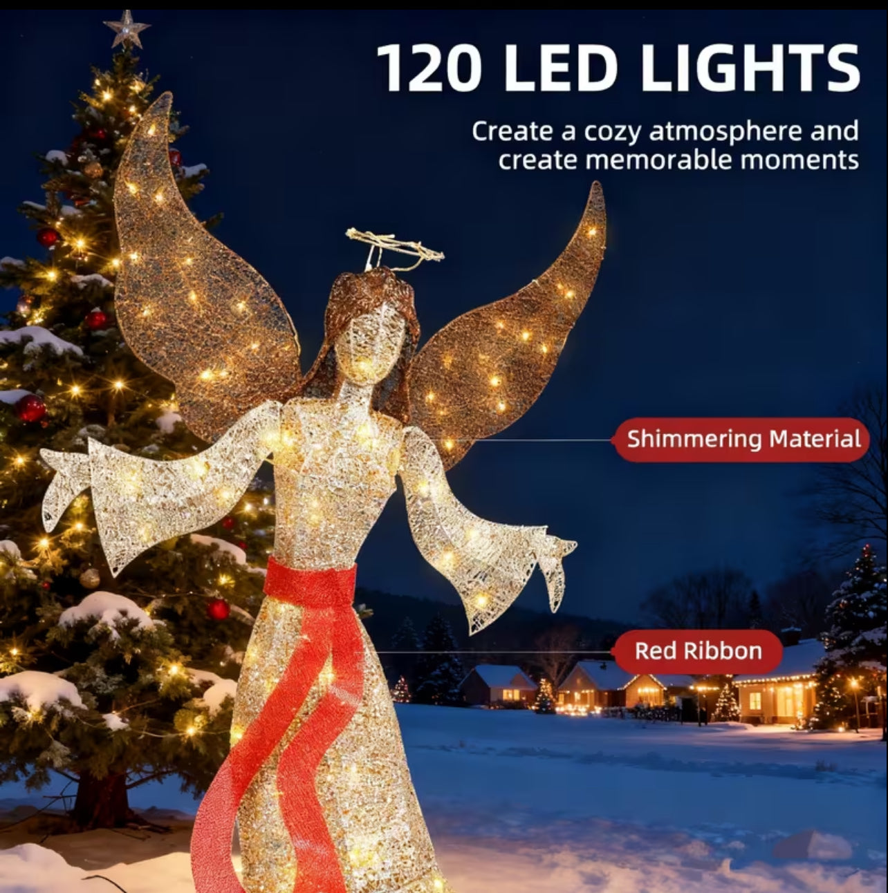 3D Golden Christmas Angel with LED Lights – Elegant Outdoor Lighted Angel Decoration with Sparkling Design & Red Belt, Weatherproof Holiday Yard Decor for Lawn, Garden & Courtyard