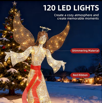 3D Golden Christmas Angel with LED Lights – Elegant Outdoor Lighted Angel Decoration with Sparkling Design & Red Belt, Weatherproof Holiday Yard Decor for Lawn, Garden & Courtyard