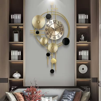 Modern 3D Metal Wall Clock – Large Decorative Artistic Clock for Living Room & Bedroom | Silent Non-Ticking, Golden Accents, Geometric Design, 30.7 x 17.7 Inches, Battery Operated