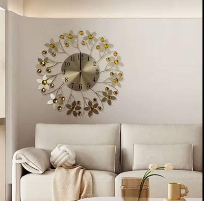 14-Inch Modern Silent Wall Clock – Metallic Round Flower Design with Crystals | Quiet Non-Ticking Luxury Wall Clock for Living Room, Bedroom & Home Decor