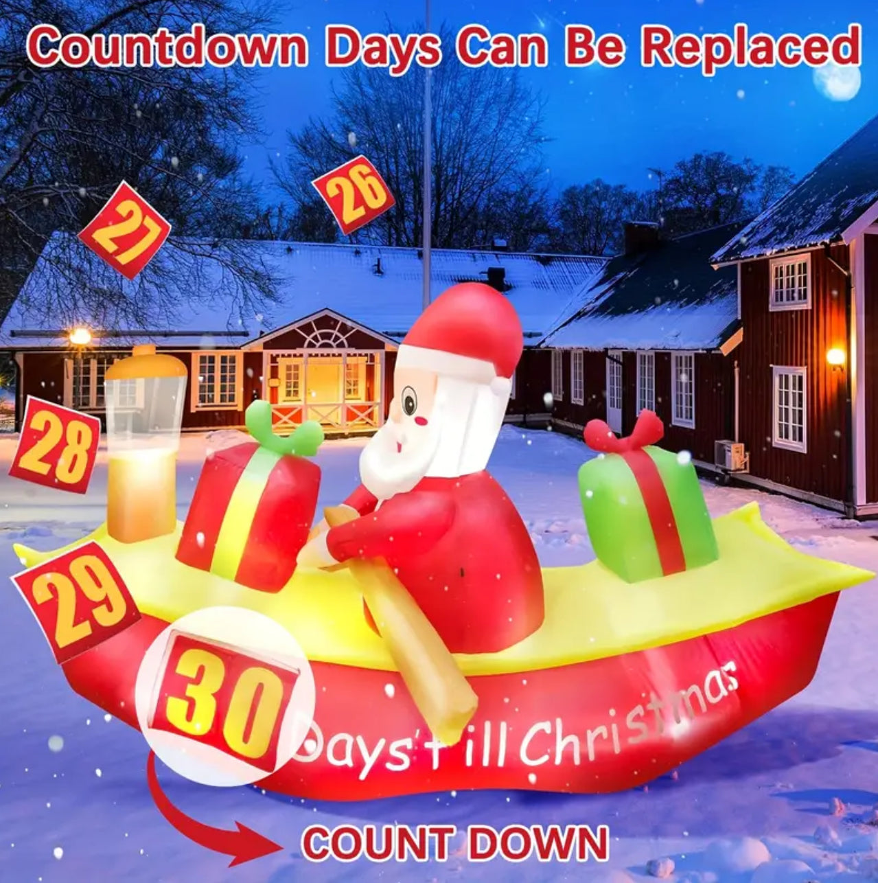 1pc 6.9ft Christmas Inflatable Santa Claus Rowing Boat with LED-Light, Countdown to Christmas Outdoor inflatable Decoration for Yard, Lawn, Porch, Best for Christmas, Perfect for Thanksgiving