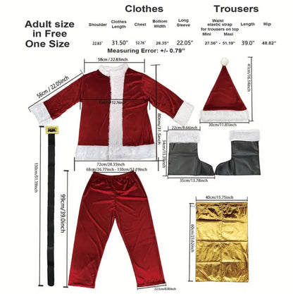 10pcs Adult One Size Burgundy Velour Santa Claus Costume with White Faux Fur Trim & full suit - Suitable for Christmas, New Year's Eve Parties, Cosplay - One-Fits-All Zipper Santa Suit (10pcs Outfit)