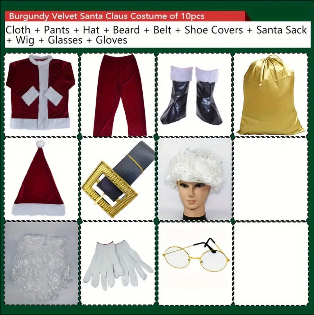 10pcs Adult One Size Burgundy Velour Santa Claus Costume with White Faux Fur Trim & full suit - Suitable for Christmas, New Year's Eve Parties, Cosplay - One-Fits-All Zipper Santa Suit (10pcs Outfit)