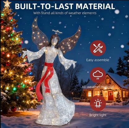 3D Golden Christmas Angel with LED Lights – Elegant Outdoor Lighted Angel Decoration with Sparkling Design & Red Belt, Weatherproof Holiday Yard Decor for Lawn, Garden & Courtyard