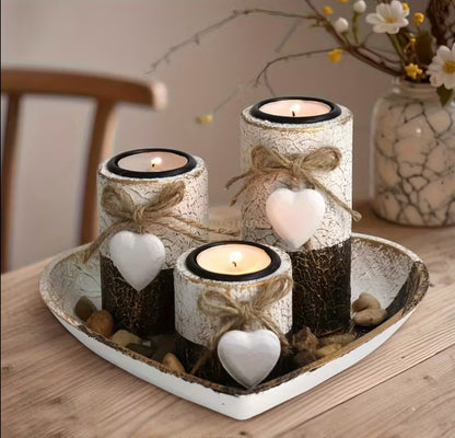 4pcs Wooden Heart Candlestick Set – Rustic Heart Candle Holders with Tea Light Stand, Rope Bow & Decorative Stones | Romantic Home Decor for Christmas & Valentine’s Day