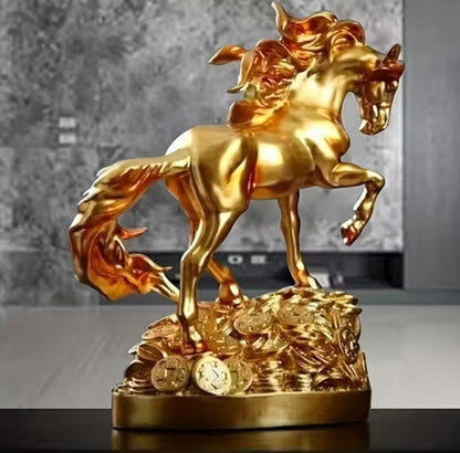 Resin Horse Statue Sculpture – Qianlima Prosperity Steed Figurine with Golden Coins Base | Feng Shui Home & Office Decor Ornament