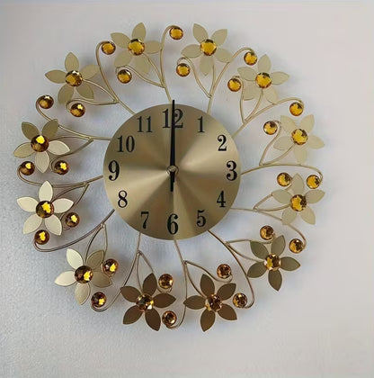 14-Inch Modern Silent Wall Clock – Metallic Round Flower Design with Crystals | Quiet Non-Ticking Luxury Wall Clock for Living Room, Bedroom & Home Decor