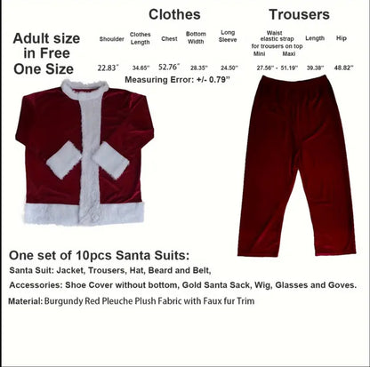 10pcs Adult One Size Burgundy Velour Santa Claus Costume with White Faux Fur Trim & full suit - Suitable for Christmas, New Year's Eve Parties, Cosplay - One-Fits-All Zipper Santa Suit (10pcs Outfit)