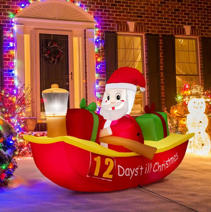 1pc 6.9ft Christmas Inflatable Santa Claus Rowing Boat with LED-Light, Countdown to Christmas Outdoor inflatable Decoration for Yard, Lawn, Porch, Best for Christmas, Perfect for Thanksgiving