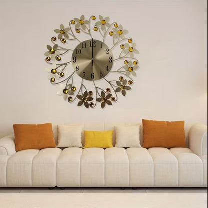 14-Inch Modern Silent Wall Clock – Metallic Round Flower Design with Crystals | Quiet Non-Ticking Luxury Wall Clock for Living Room, Bedroom & Home Decor