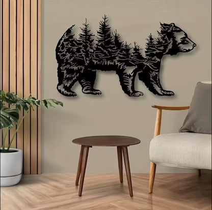24” Metal Wall Art – Bear & Forest Sculpture | Large Black Wall Decor for Living Room, Bedroom, Kitchen & Office | Indoor & Outdoor Hanging Metal Art (24” x 13”)