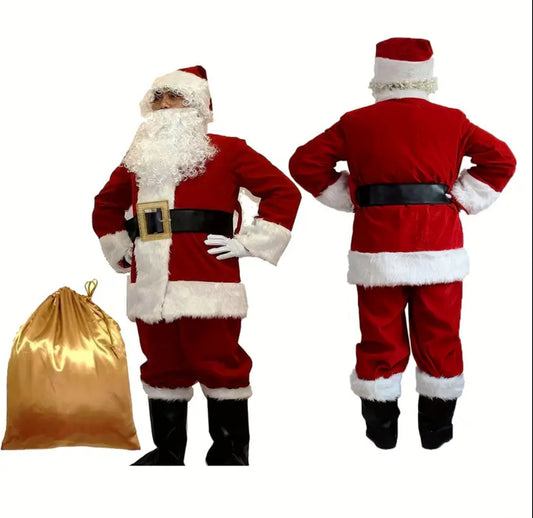 10pcs Adult One Size Burgundy Velour Santa Claus Costume with White Faux Fur Trim & full suit - Suitable for Christmas, New Year's Eve Parties, Cosplay - One-Fits-All Zipper Santa Suit (10pcs Outfit)