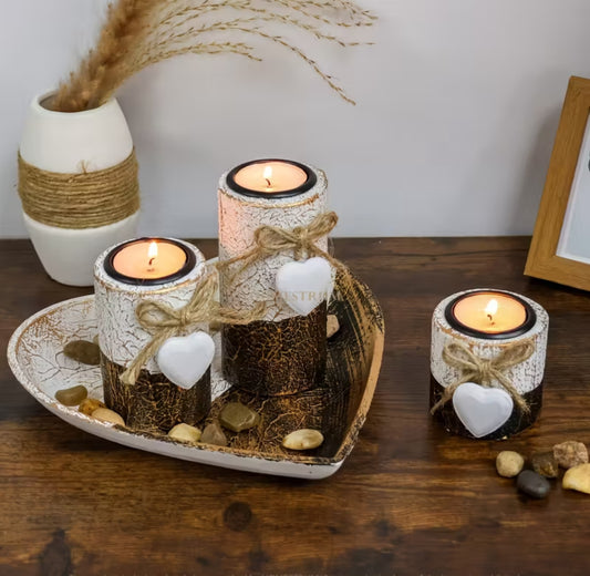 4pcs Wooden Heart Candlestick Set – Rustic Heart Candle Holders with Tea Light Stand, Rope Bow & Decorative Stones | Romantic Home Decor for Christmas & Valentine’s Day