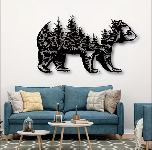 24” Metal Wall Art – Bear & Forest Sculpture | Large Black Wall Decor for Living Room, Bedroom, Kitchen & Office | Indoor & Outdoor Hanging Metal Art (24” x 13”)