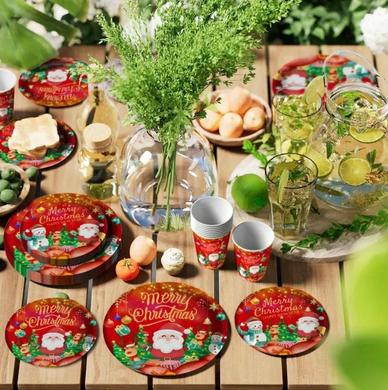 80pcs Christmas Party Cutlery Set with Santa Claus & Reindeer Snowflake Design - 7” & 9” Red & Golden Paper Plates, 9oz Cups & Napkins - Disposable Holiday Dinnerware for Thanksgiving, Xmas, New Year’s Eve - All-Season Party Supplies (Easy Cleanup)