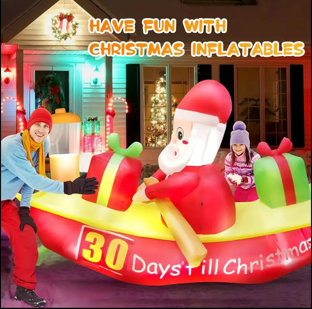 1pc 6.9ft Christmas Inflatable Santa Claus Rowing Boat with LED-Light, Countdown to Christmas Outdoor inflatable Decoration for Yard, Lawn, Porch, Best for Christmas, Perfect for Thanksgiving
