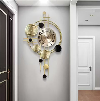 Modern 3D Metal Wall Clock – Large Decorative Artistic Clock for Living Room & Bedroom | Silent Non-Ticking, Golden Accents, Geometric Design, 30.7 x 17.7 Inches, Battery Operated