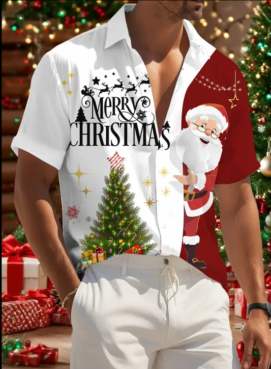 Men's Christmas Print Dress Shirt - Festive & Half-Button Collar with Collar, Long Sleeve Casual Party Shirt for Holiday Events, New Year's Eve & Xmas - Wrinkle-Resistant & Easy-Care (Hand Wash/Dry Clean) - Ideal Christmas Gift for Men - Vibrant