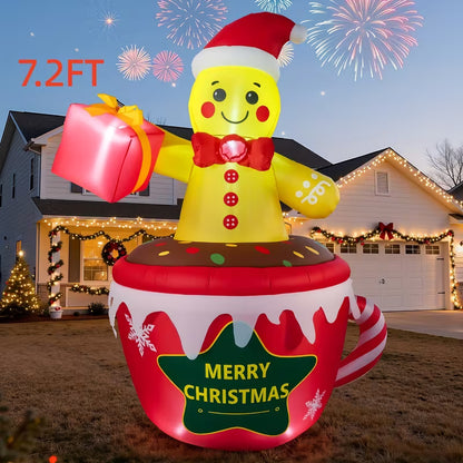 7.2 FT Christmas Inflatable Gingerbread Man in Hot Cocoa Mug – Outdoor Lighted Holiday Lawn Decoration
